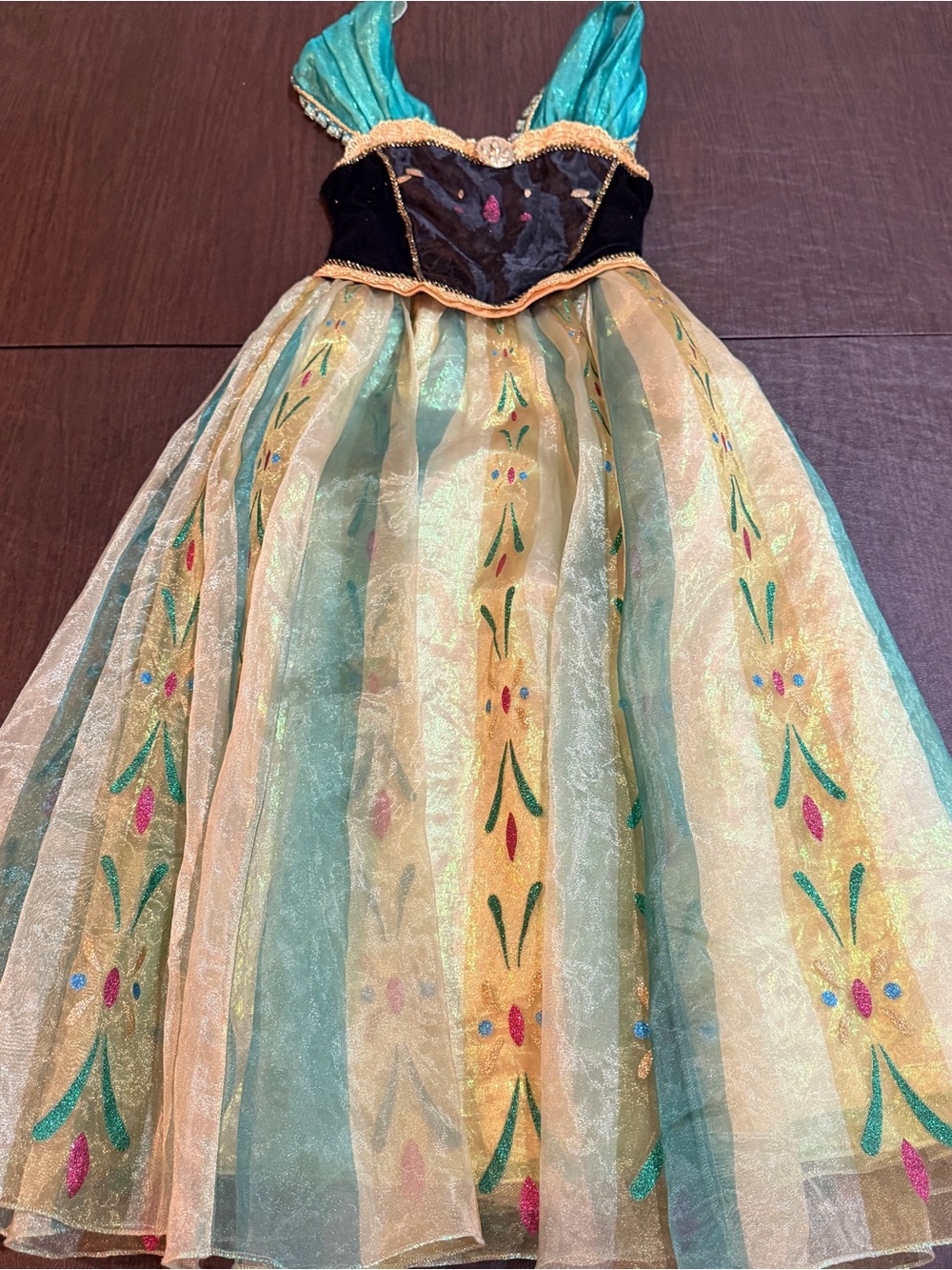 Disney Store Frozen Anna Sparkle Green and Gold Princess Dress Sz 7-8